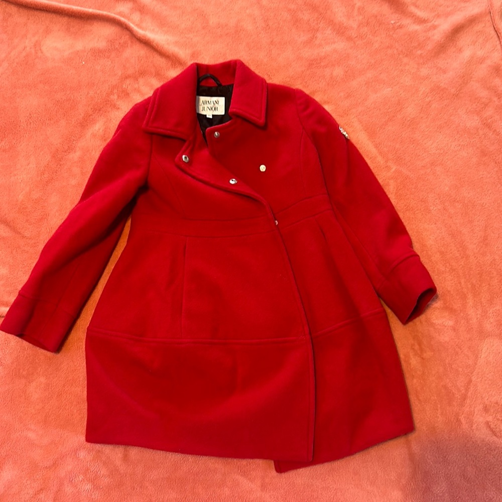 Red Armani Junior coat size 5A, 112cm. Snap closure coat. Like new. Pockets.